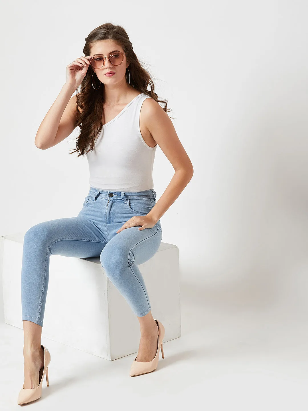24/7 comfort Light Blue Skinny High-Rise Clean Look Cropped Denim Jeans