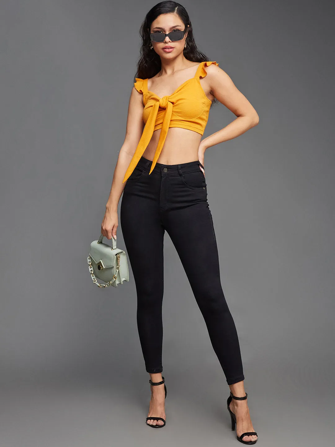 24/7 Comfort Women's Black Skinny Fit High Rise Cropped Length Stretchable Denim Jeans