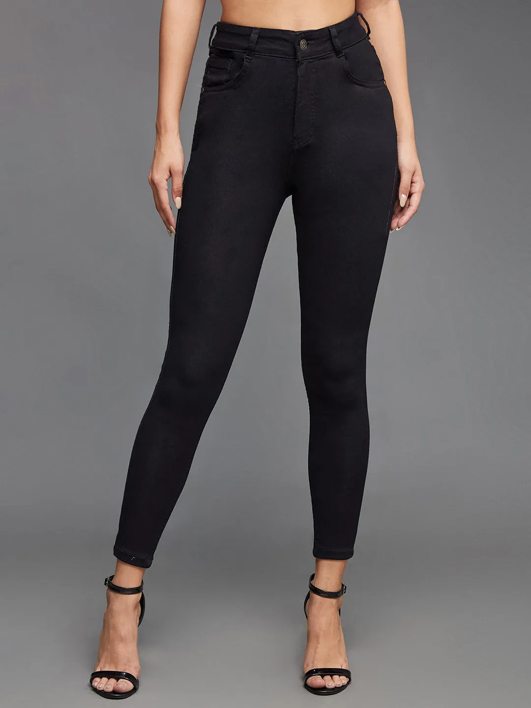 24/7 Comfort Women's Black Skinny Fit High Rise Cropped Length Stretchable Denim Jeans