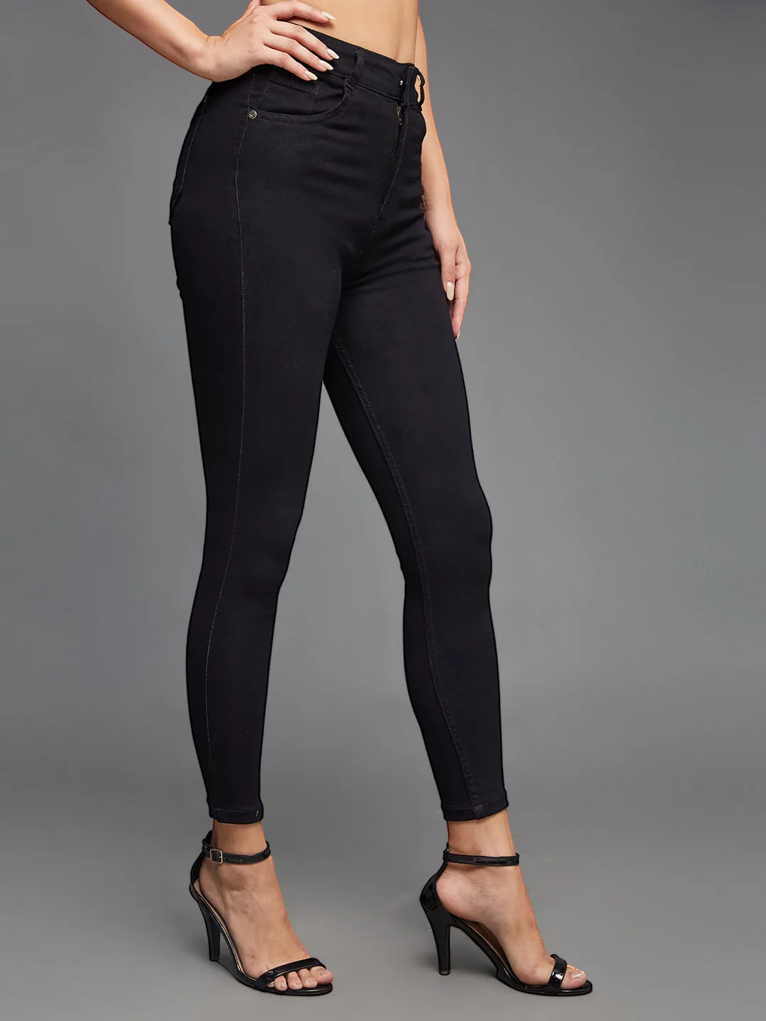 24/7 Comfort Women's Black Skinny Fit High Rise Cropped Length Stretchable Denim Jeans