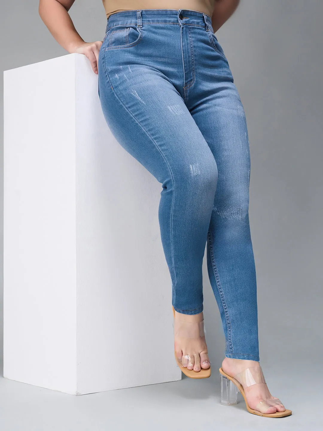 24/7 comfort Women's Blue Skinny High Rise Mild Distress Regular Stretchable Denim Jeans