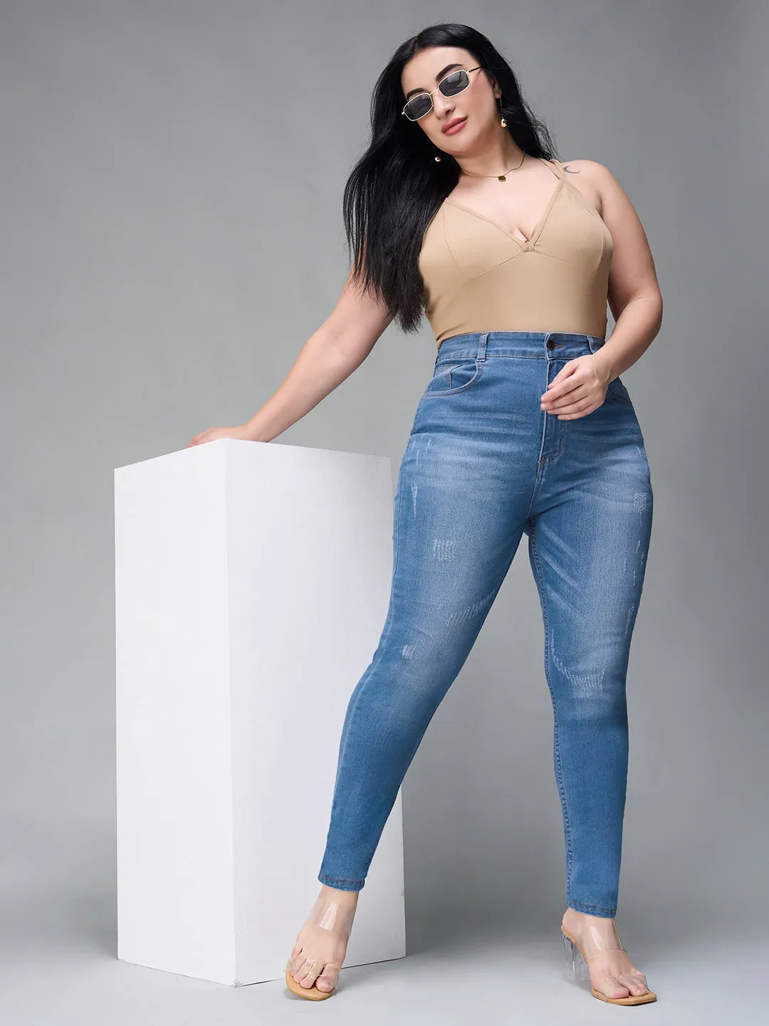 24/7 comfort Women's Blue Skinny High Rise Mild Distress Regular Stretchable Denim Jeans
