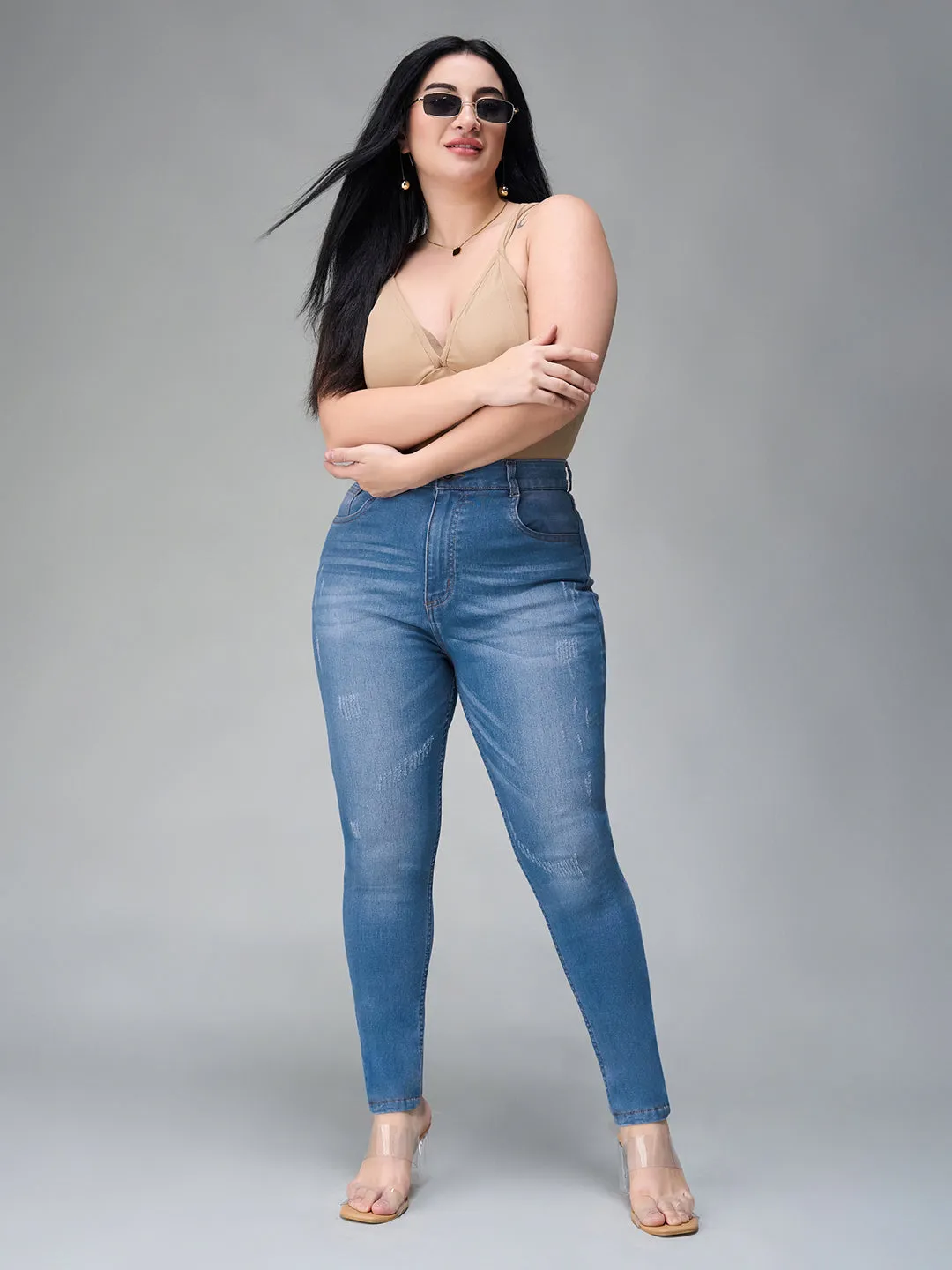 24/7 comfort Women's Blue Skinny High Rise Mild Distress Regular Stretchable Denim Jeans
