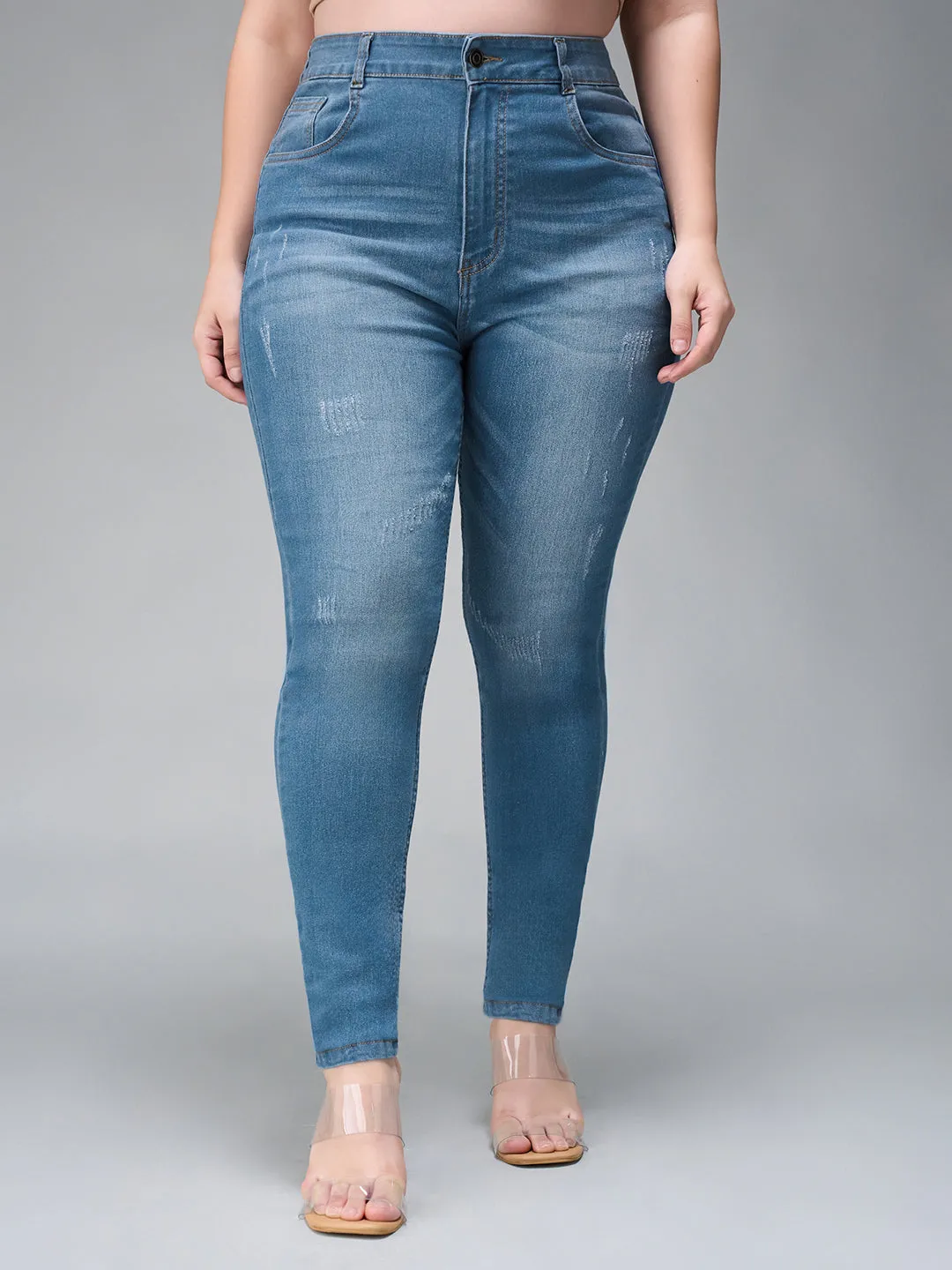 24/7 comfort Women's Blue Skinny High Rise Mild Distress Regular Stretchable Denim Jeans