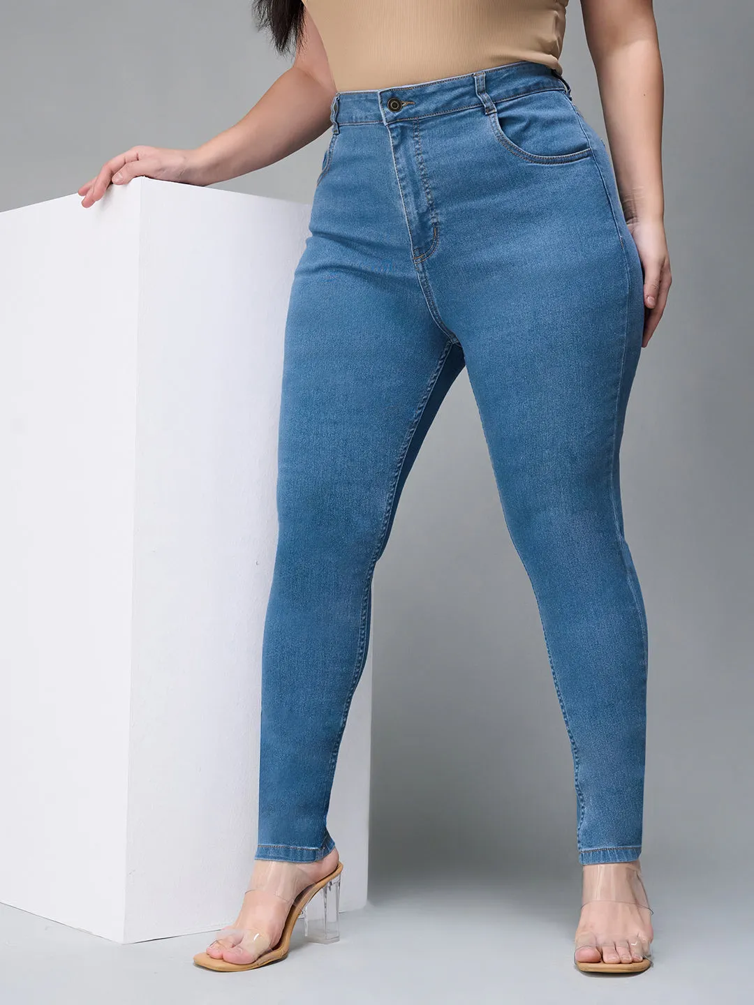 24/7 comfort Women's Blue Solid Skinny High Rise Cropped Fringe Detailing Solid Stretchable Denim Jeans