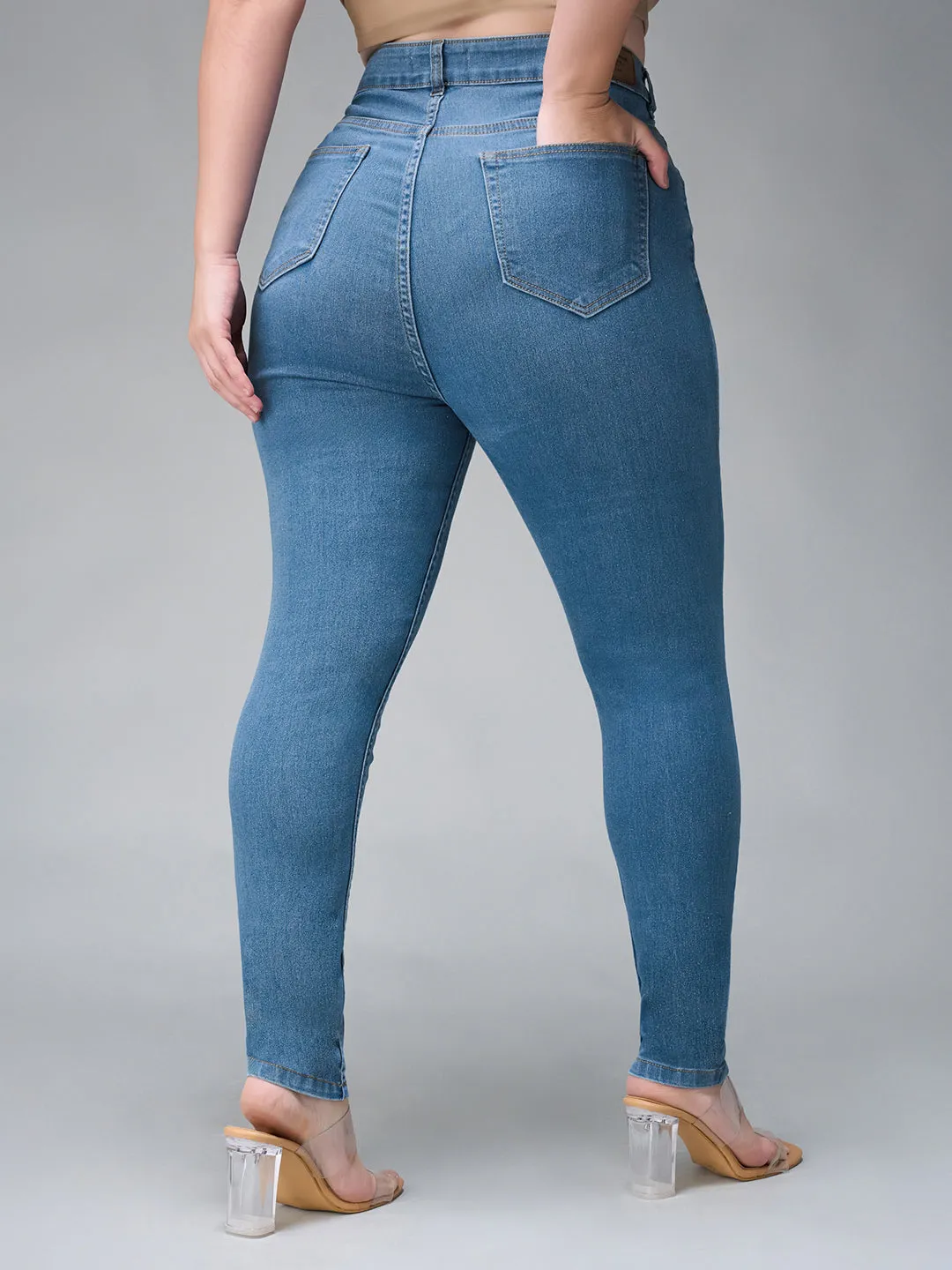 24/7 comfort Women's Blue Solid Skinny High Rise Cropped Fringe Detailing Solid Stretchable Denim Jeans