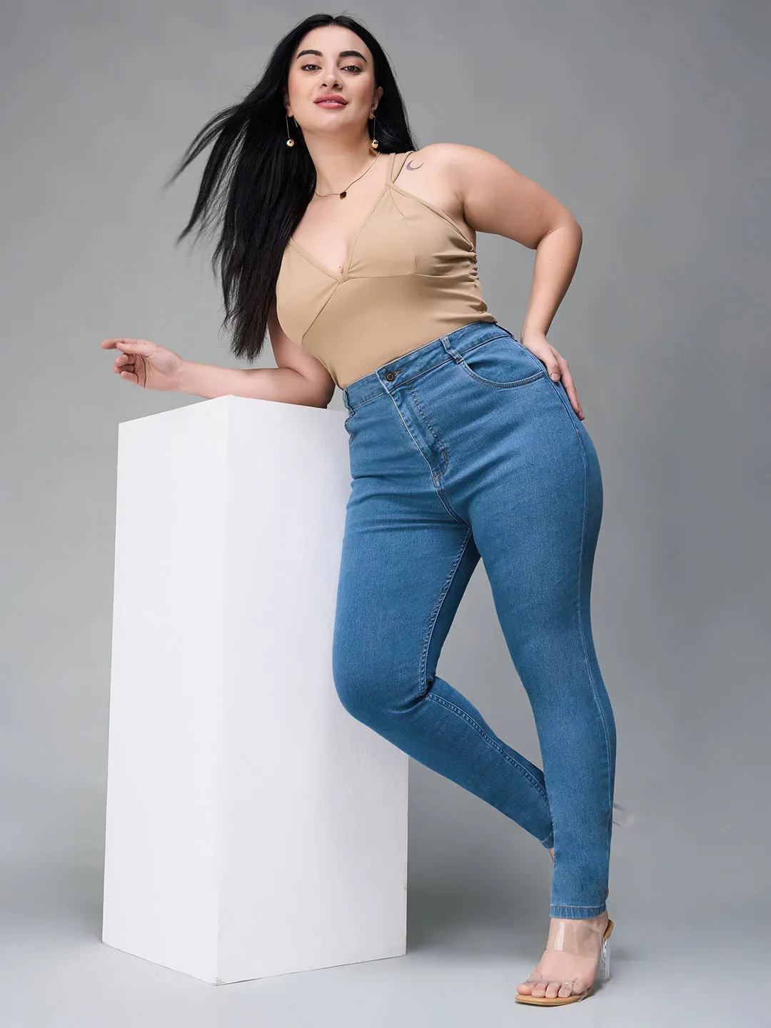24/7 comfort Women's Blue Solid Skinny High Rise Cropped Fringe Detailing Solid Stretchable Denim Jeans