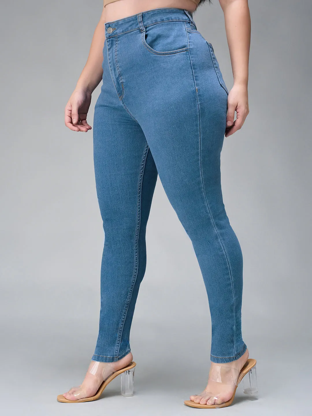 24/7 comfort Women's Blue Solid Skinny High Rise Cropped Fringe Detailing Solid Stretchable Denim Jeans