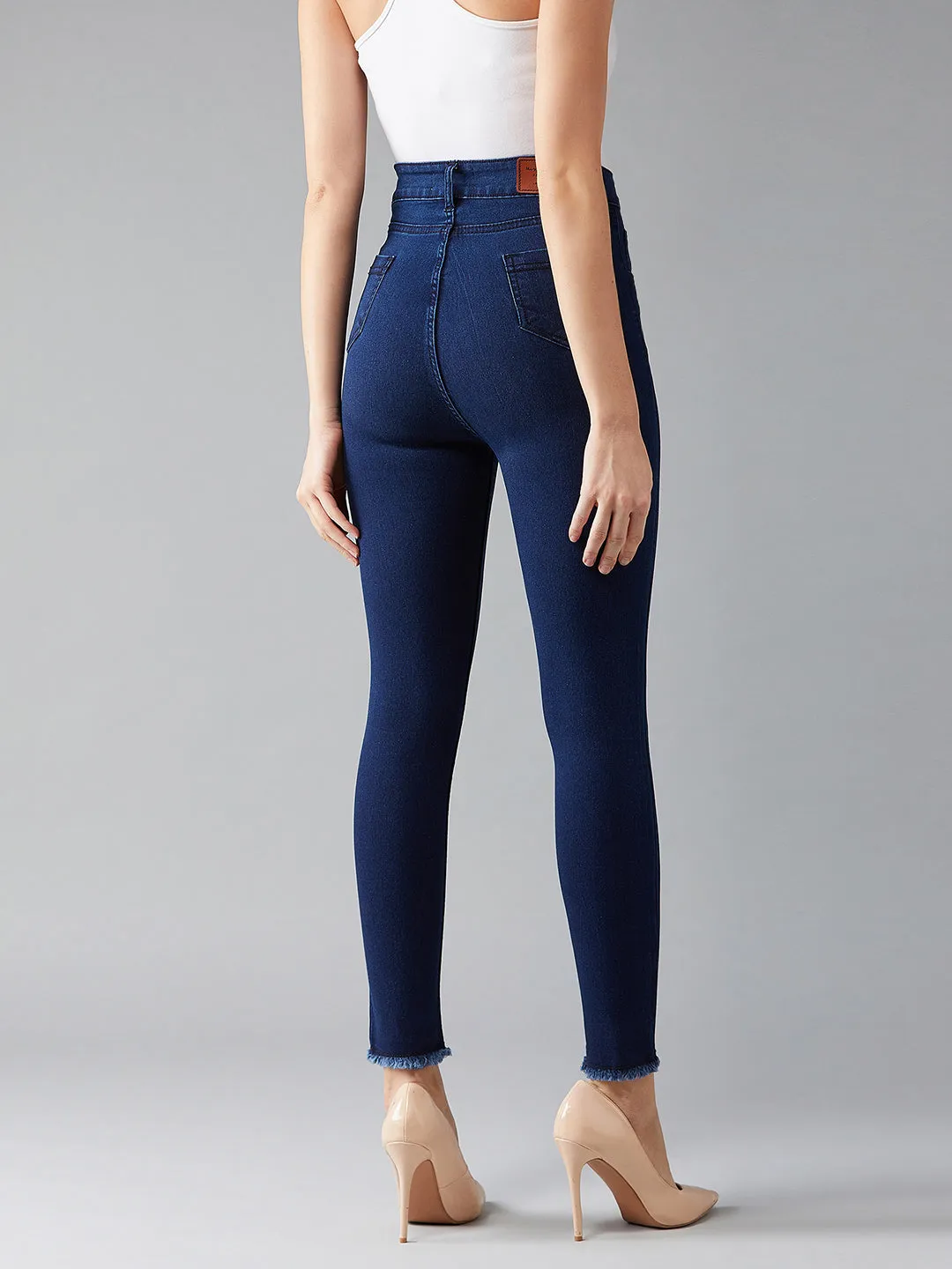 24/7 comfort Women's Navy Blue Skinny High Rise Fringed Hemline Cropped Stretchable Denim Jeans