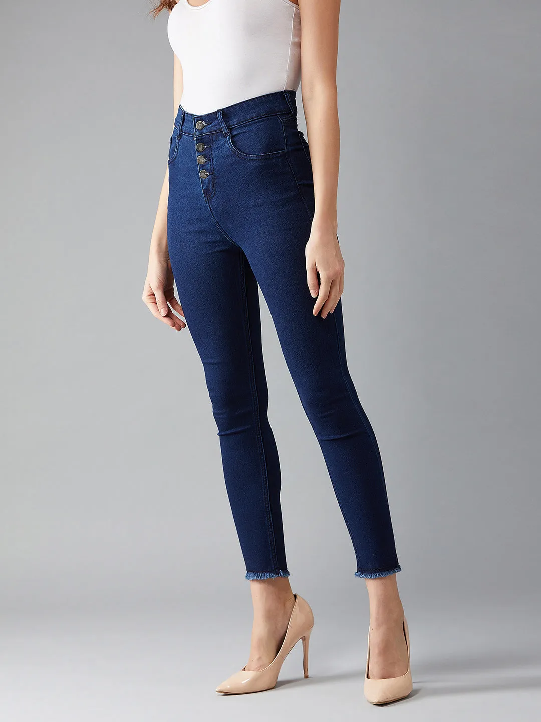 24/7 comfort Women's Navy Blue Skinny High Rise Fringed Hemline Cropped Stretchable Denim Jeans