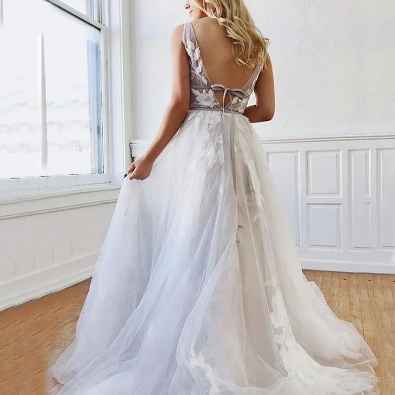 A Line Deep V-Neck Backless White Tulle Prom Dress With Appliques PFP1578