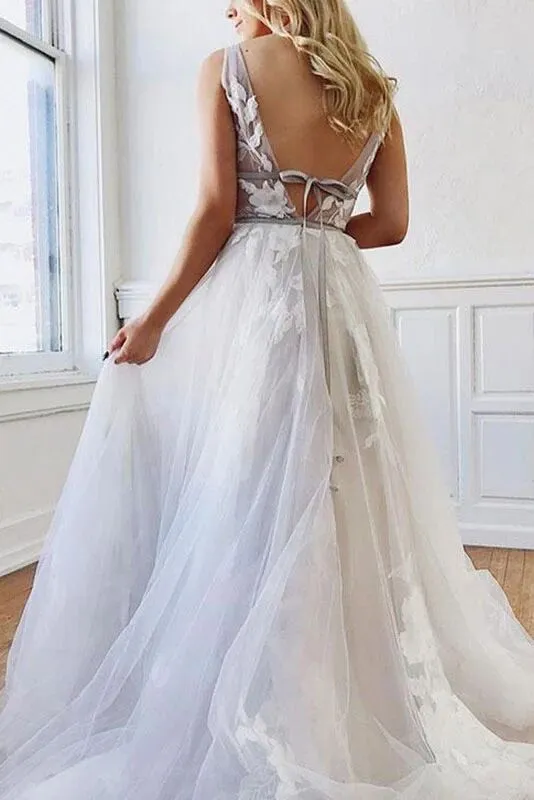 A Line Deep V-Neck Backless White Tulle Prom Dress With Appliques PFP1578