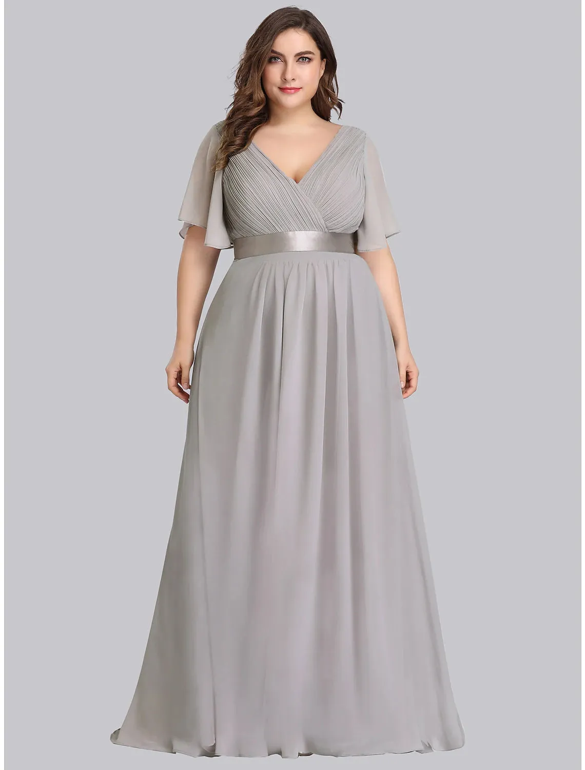 A-Line Empire Fall Wedding Guest Dress For Bridesmaid Plus Size Formal Evening Dress V Neck Short Sleeve Floor Length Chiffon with Pleats Ruched