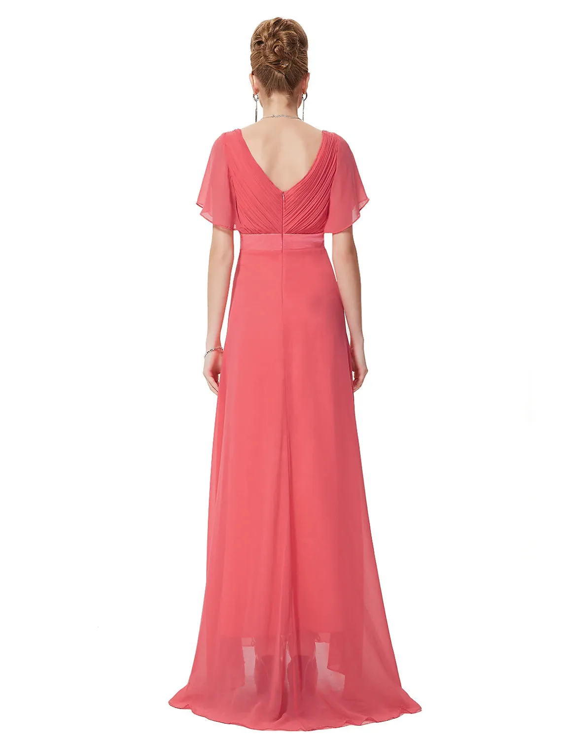 A-Line Empire Fall Wedding Guest Dress For Bridesmaid Plus Size Formal Evening Dress V Neck Short Sleeve Floor Length Chiffon with Pleats Ruched