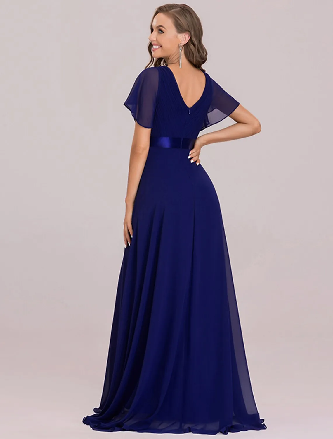 A-Line Empire Fall Wedding Guest Dress For Bridesmaid Plus Size Formal Evening Dress V Neck Short Sleeve Floor Length Chiffon with Pleats Ruched