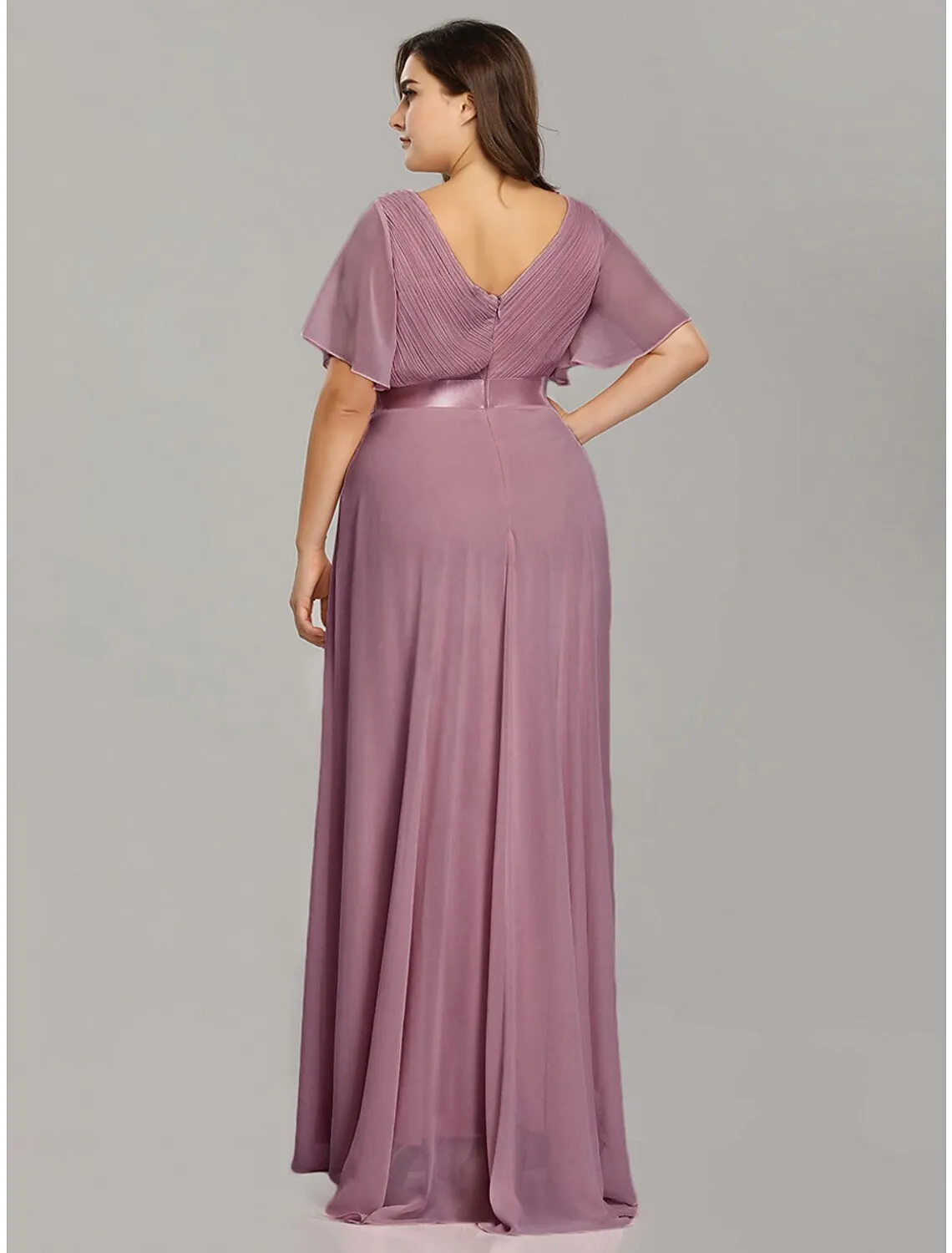 A-Line Empire Fall Wedding Guest Dress For Bridesmaid Plus Size Formal Evening Dress V Neck Short Sleeve Floor Length Chiffon with Pleats Ruched