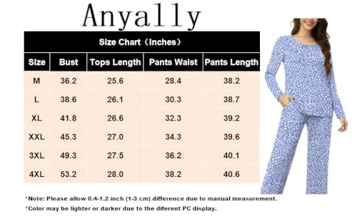Anyally Women's 2 Piece Fall Pajama Set Long Sleeve Shirt and Pants Sleepwear Pjs Sets with Pockets, M Pink Flower White