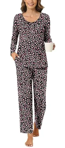 Anyally Women's 2 Piece Fall Pajama Set Long Sleeve Shirt and Pants Sleepwear Pjs Sets with Pockets, M Pink Flower White
