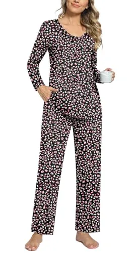Anyally Women's 2 Piece Fall Pajama Set Long Sleeve Shirt and Pants Sleepwear Pjs Sets with Pockets, M Pink Flower White