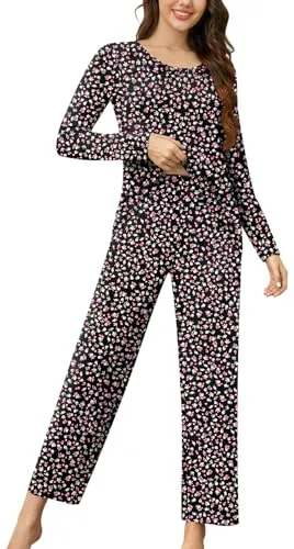 Anyally Women's 2 Piece Fall Pajama Set Long Sleeve Shirt and Pants Sleepwear Pjs Sets with Pockets, M Pink Flower White