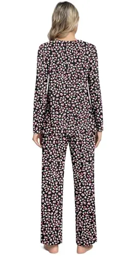 Anyally Women's 2 Piece Fall Pajama Set Long Sleeve Shirt and Pants Sleepwear Pjs Sets with Pockets, M Pink Flower White
