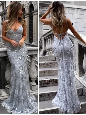Backless Sexy Lace Fit and Flare Silver Grey Evening Gowns Prom Dress