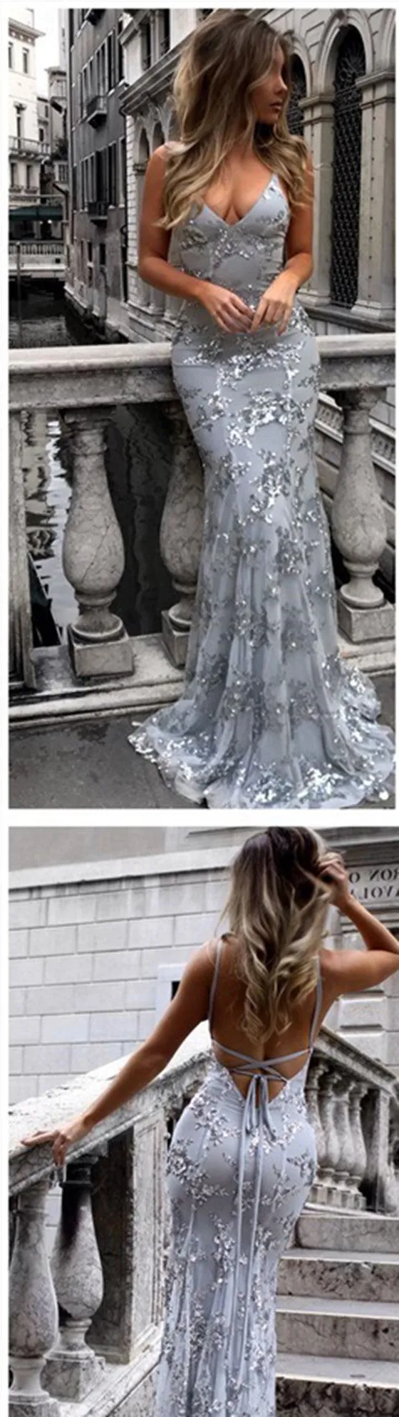 Backless Sexy Lace Fit and Flare Silver Grey Evening Gowns Prom Dress