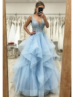 Ball Gown A-Line Prom Dresses Princess Dress Formal Floor Length Sleeveless V Neck Tulle Backless with Pleats Ruched Appliques