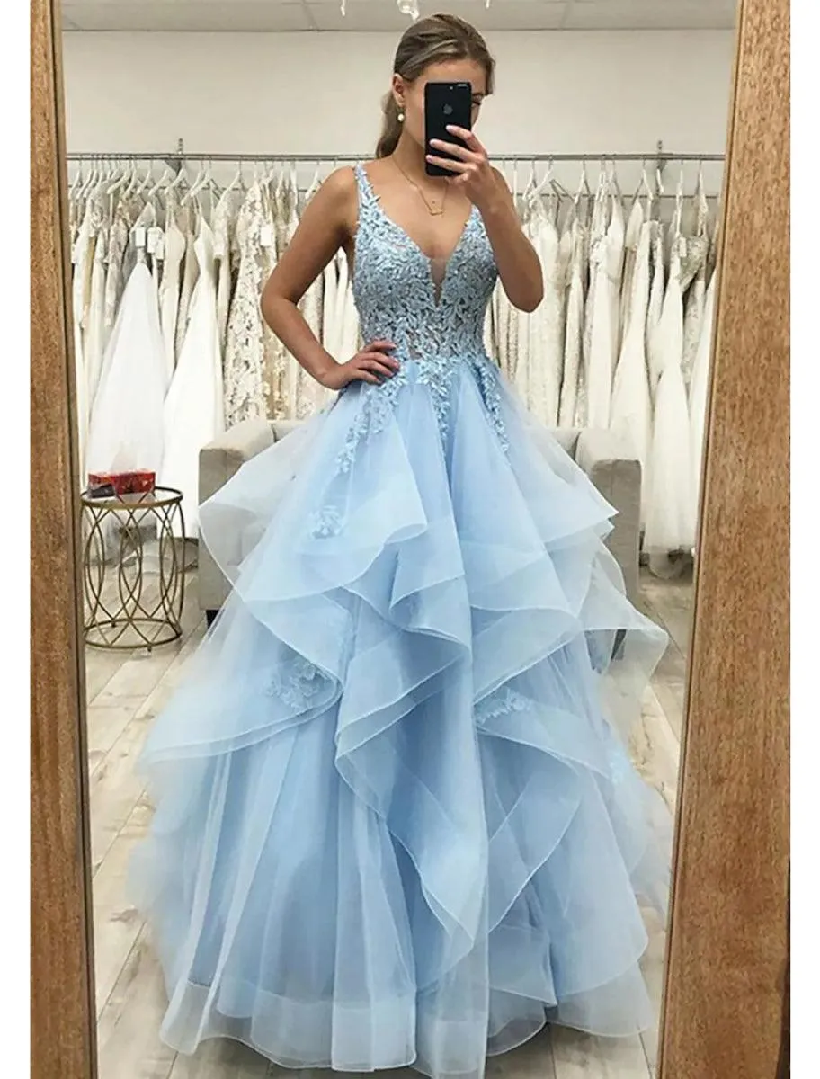 Ball Gown A-Line Prom Dresses Princess Dress Formal Floor Length Sleeveless V Neck Tulle Backless with Pleats Ruched Appliques