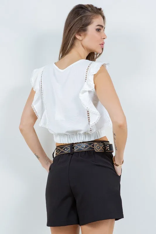 Beige Blouse With Ruffle And Crochet Details
