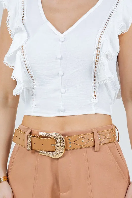 Beige Blouse With Ruffle And Crochet Details