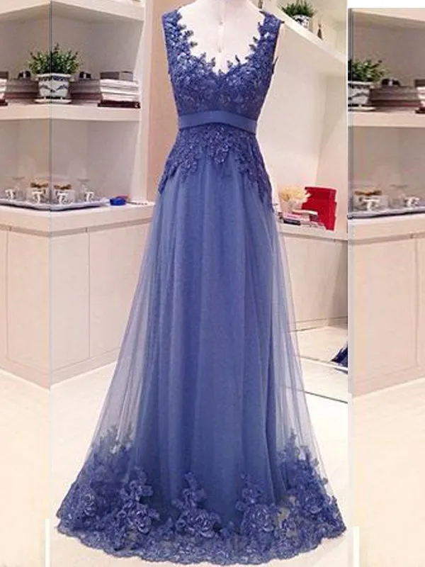 Blue Lace Open Back A-Line Elegant Vintage Formal Evening Gown Prom Dress GJS428
