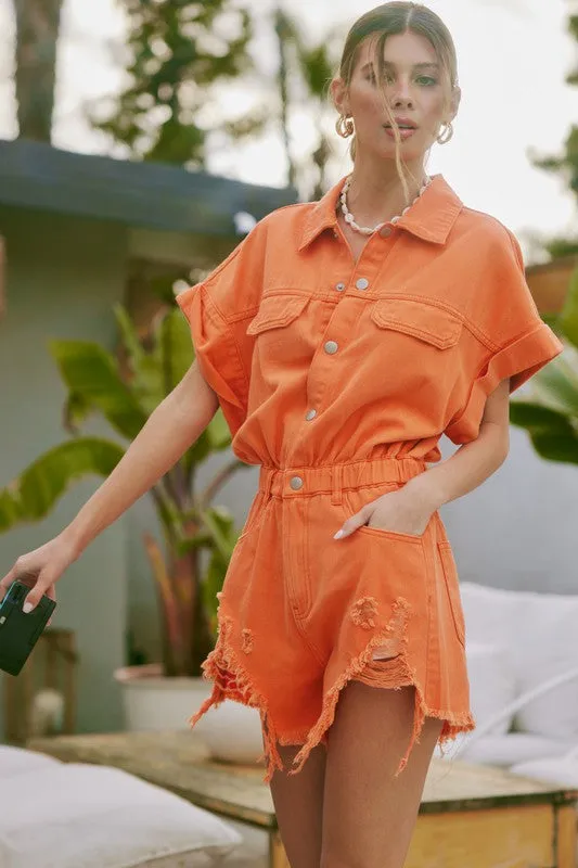 Bright Orange Distressed Hem Color Denim Romper