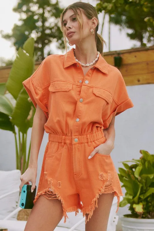 Bright Orange Distressed Hem Color Denim Romper