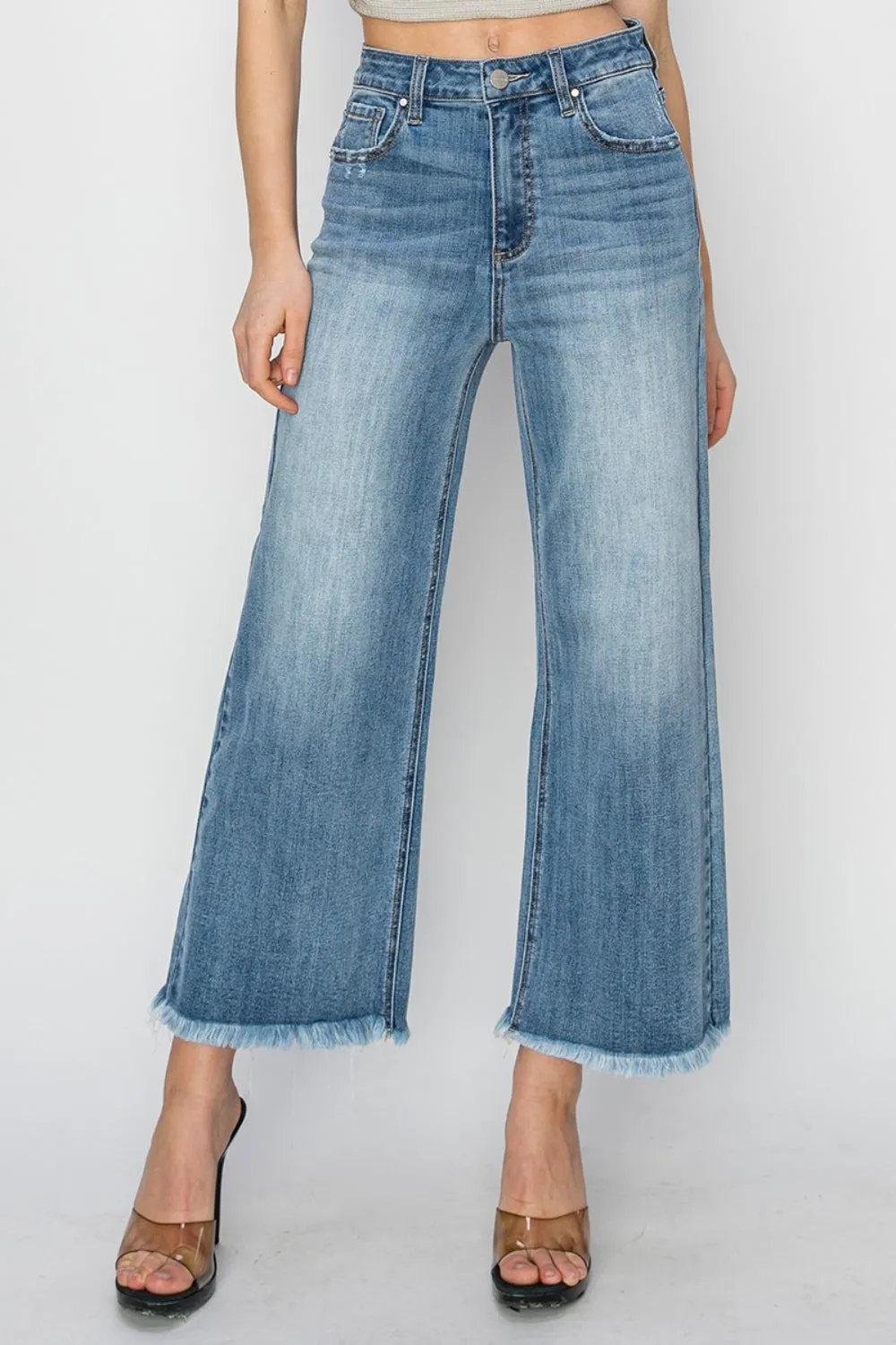 Chic High Rise Cropped Wide Leg Denim Jeans with Raw Hem
