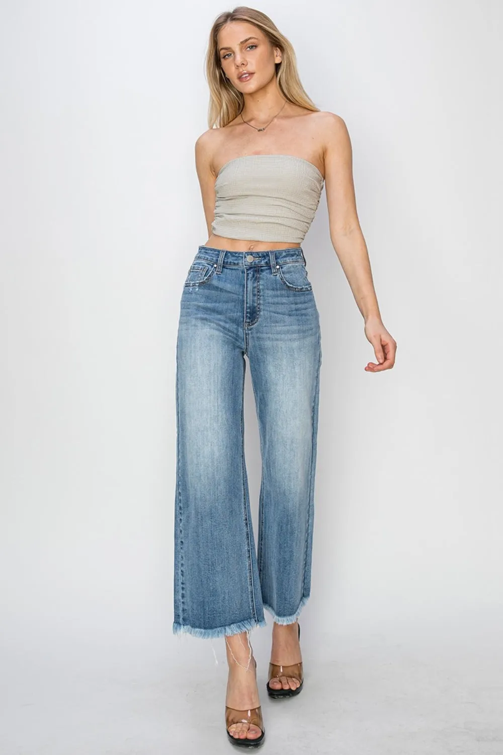 Chic High Rise Cropped Wide Leg Denim Jeans with Raw Hem