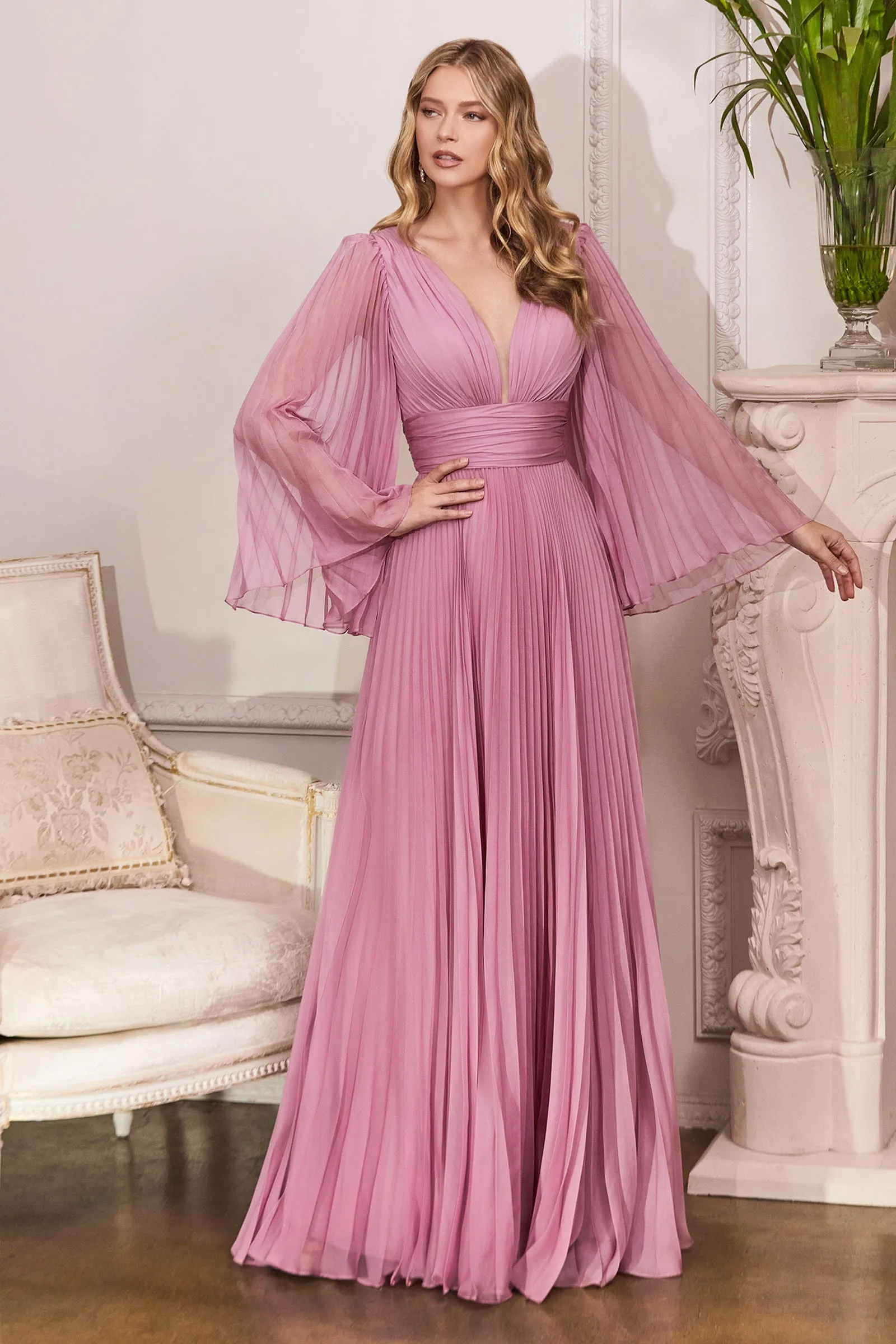 CINDERELLA DIVINE CD242 Pleated Long Sleeve Chiffon Gown