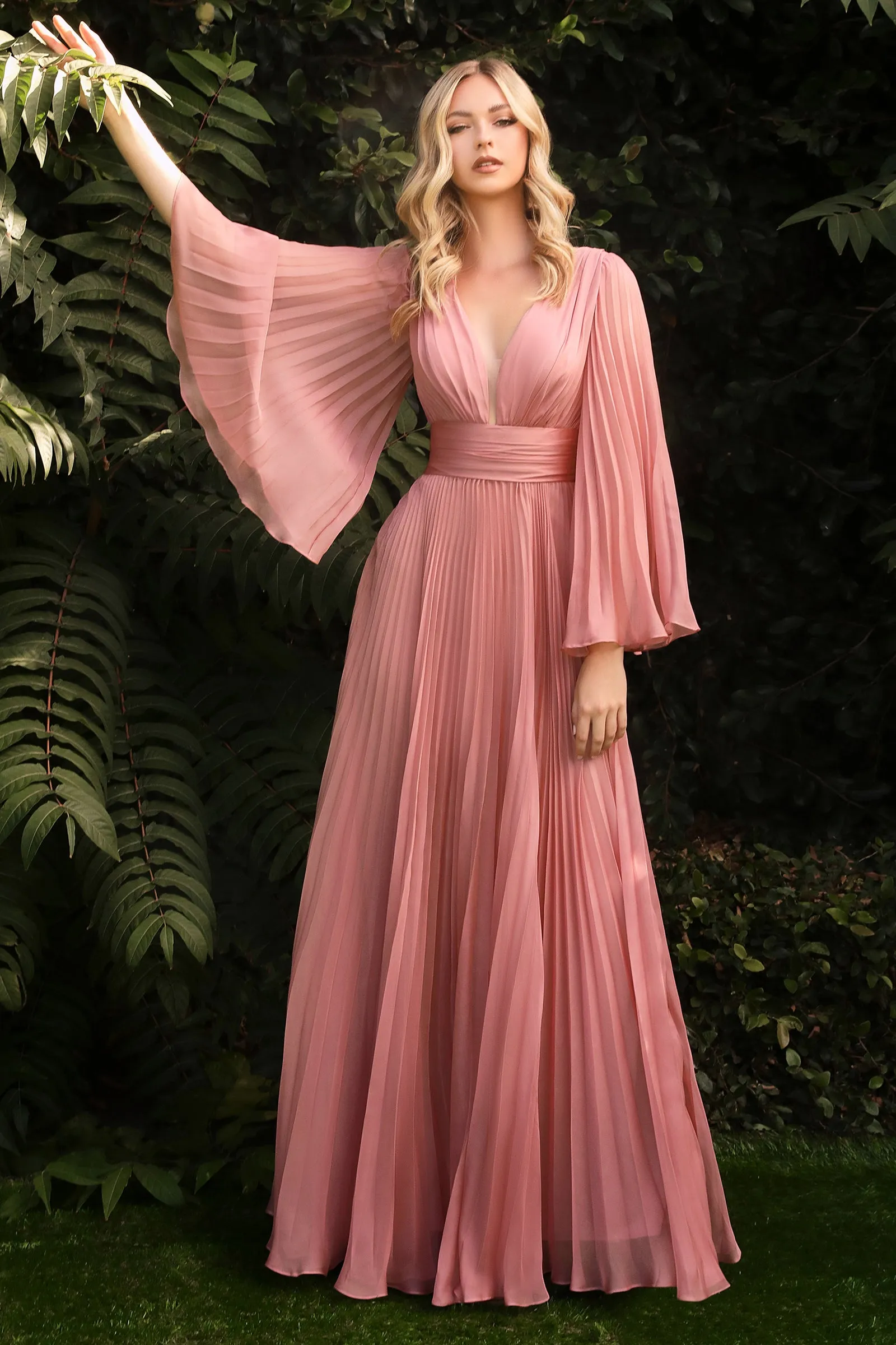 CINDERELLA DIVINE CD242 Pleated Long Sleeve Chiffon Gown