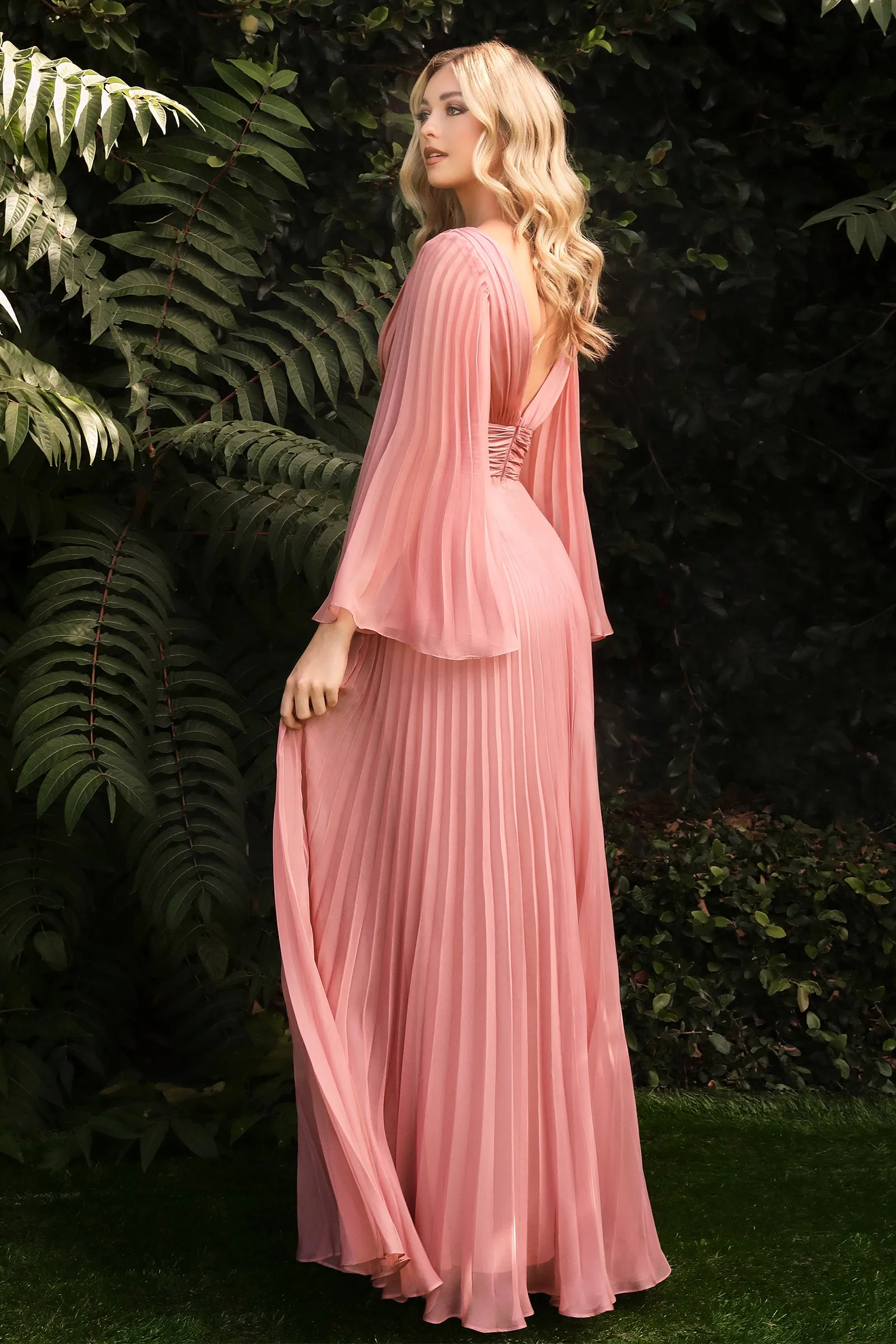 CINDERELLA DIVINE CD242 Pleated Long Sleeve Chiffon Gown