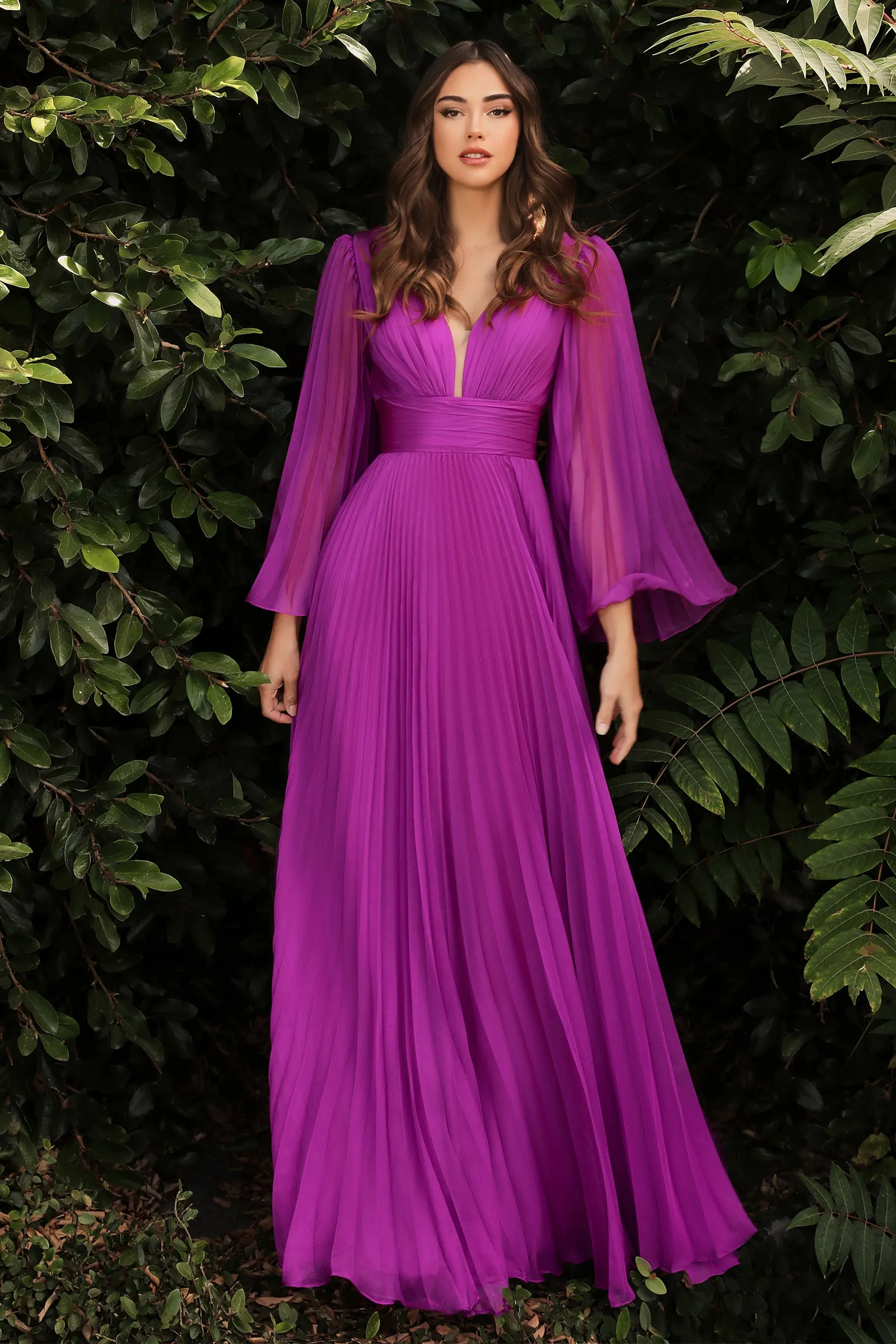 CINDERELLA DIVINE CD242 Pleated Long Sleeve Chiffon Gown