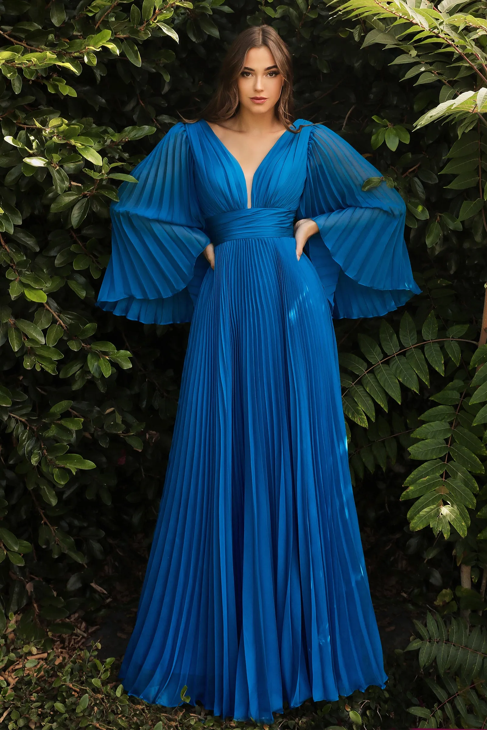 CINDERELLA DIVINE CD242 Pleated Long Sleeve Chiffon Gown