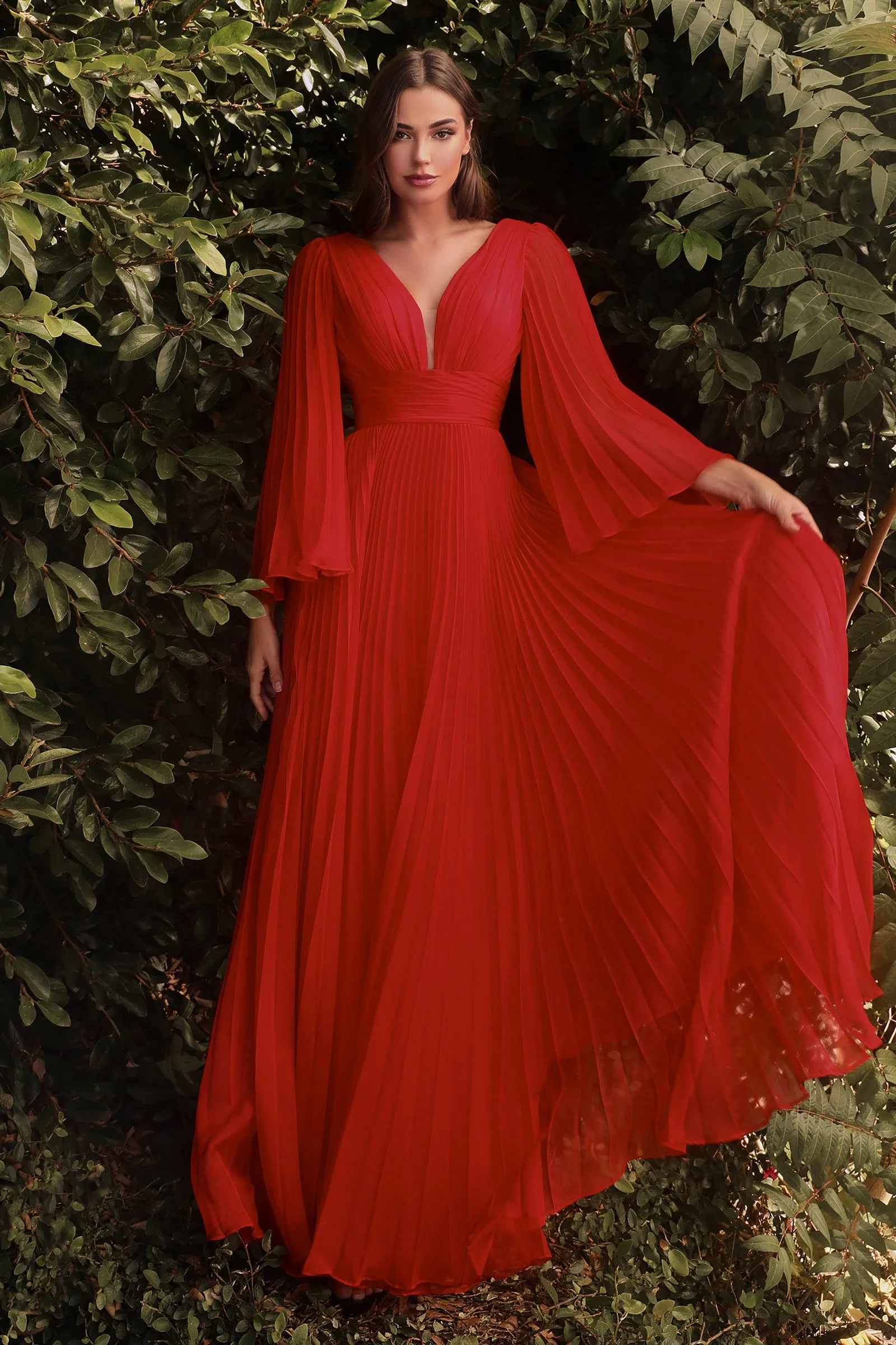 CINDERELLA DIVINE CD242 Pleated Long Sleeve Chiffon Gown