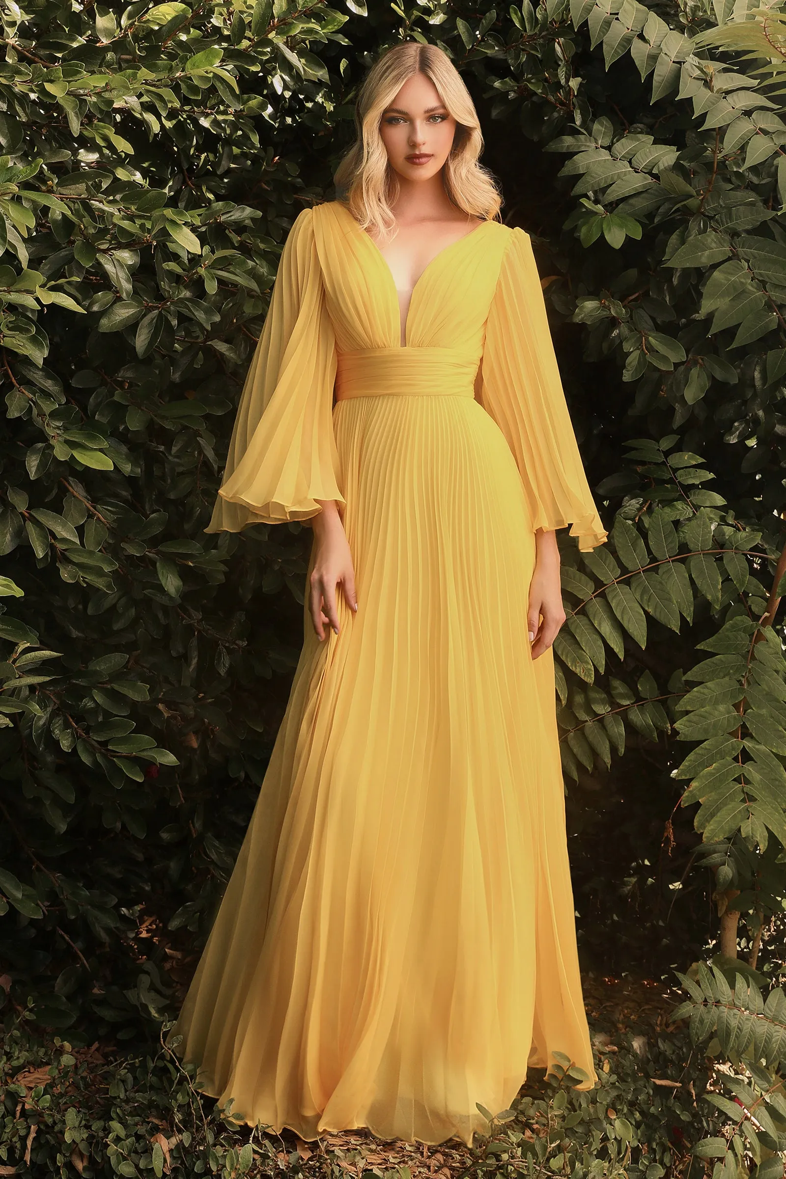 CINDERELLA DIVINE CD242 Pleated Long Sleeve Chiffon Gown