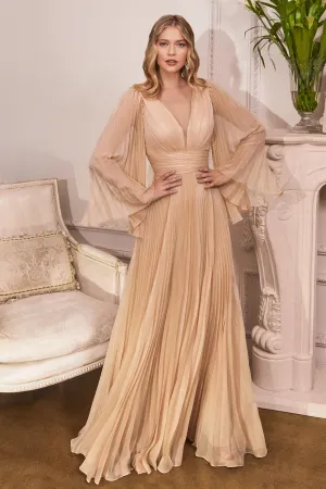 CINDERELLA DIVINE CD242 Pleated Long Sleeve Chiffon Gown