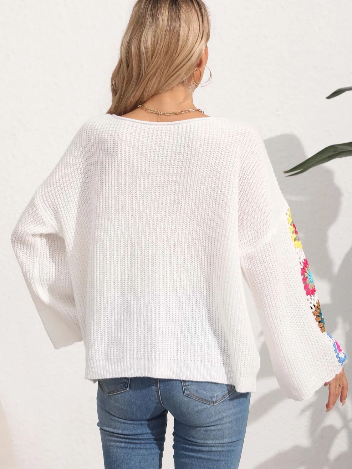 Colorful Crochet Flower Bohemian Long Sleeve Waffle Knit Shirt Oversized Retro Top