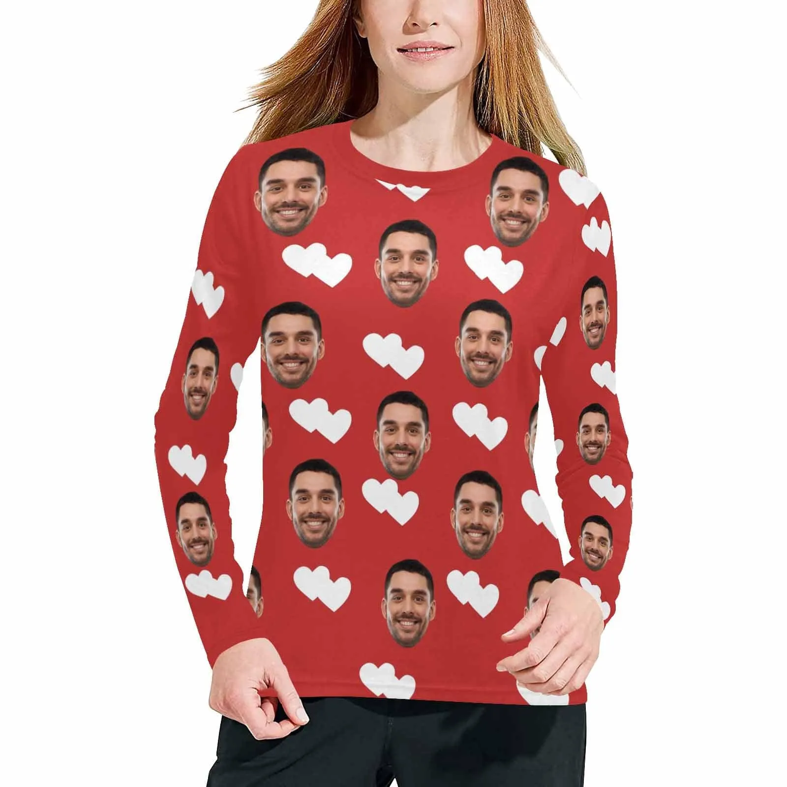 Custom Face Heart Red Long Pajama Shirt&Pants Personalized Women's Slumber Party Sleepwear