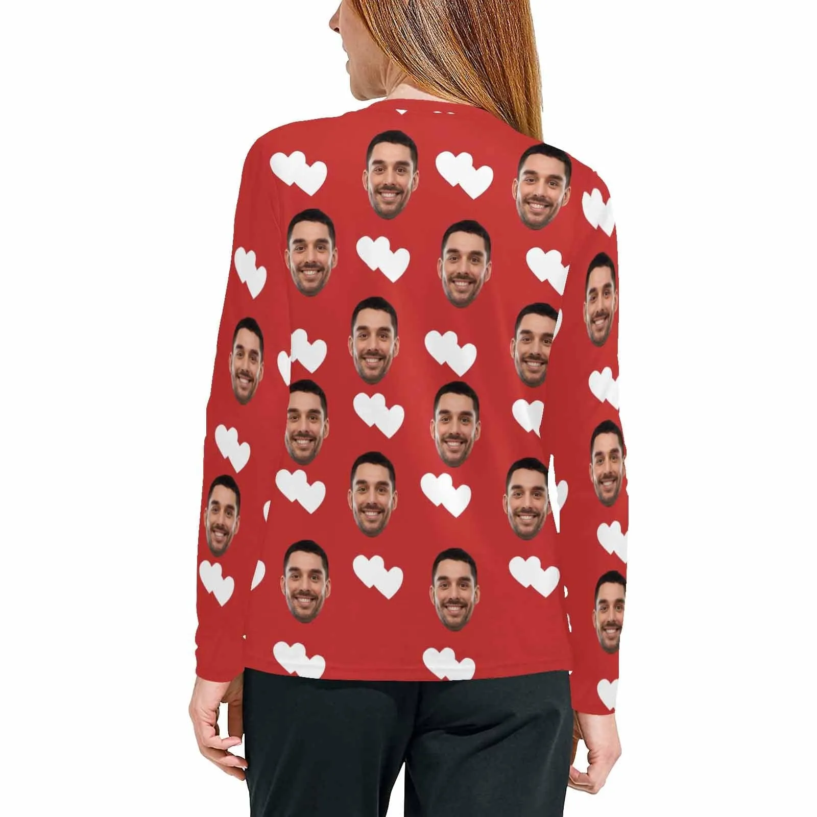 Custom Face Heart Red Long Pajama Shirt&Pants Personalized Women's Slumber Party Sleepwear