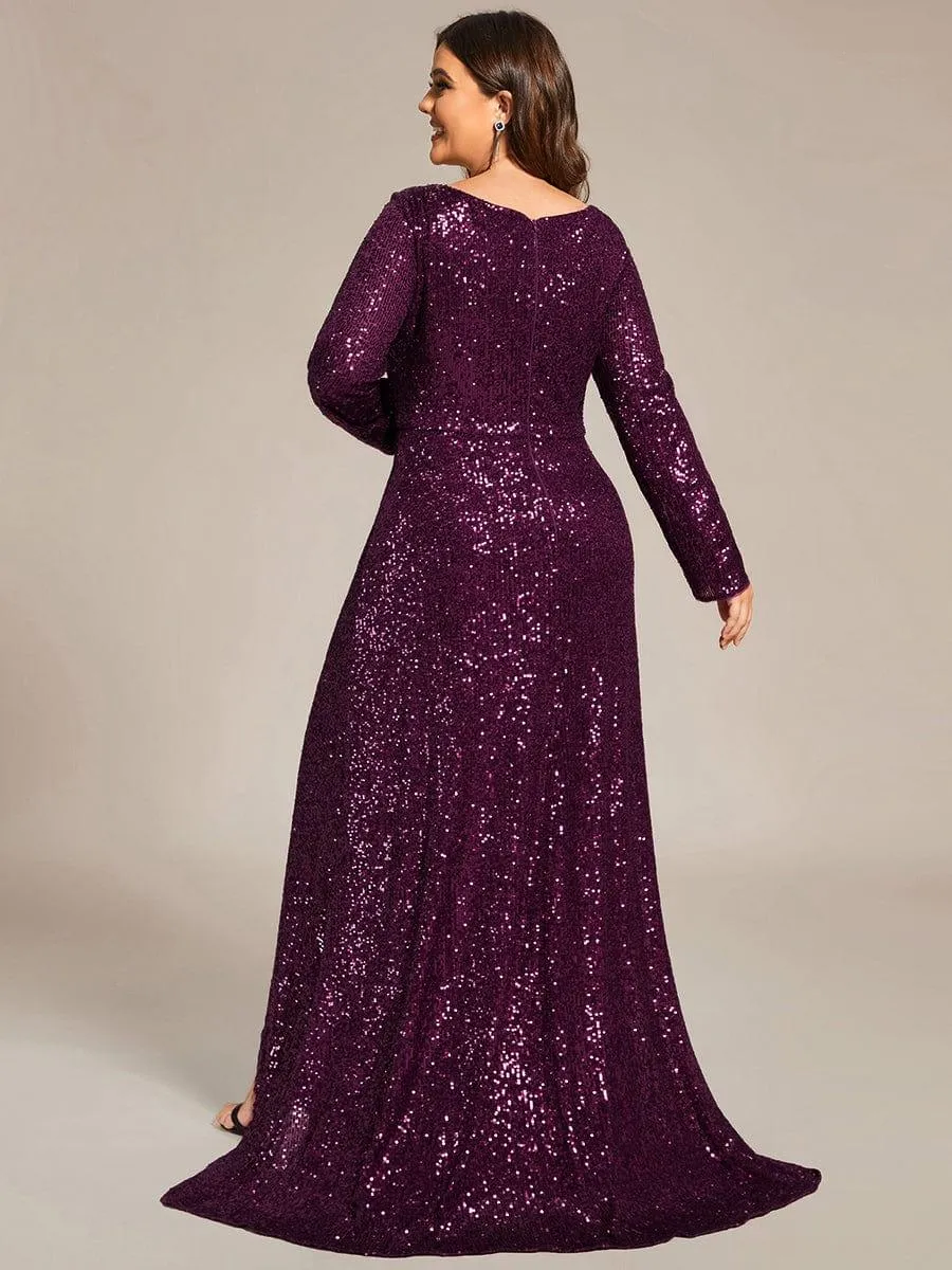 Custom Size Sequin Long Sleeve V-Neck High Slit Bodycon Evening Dress