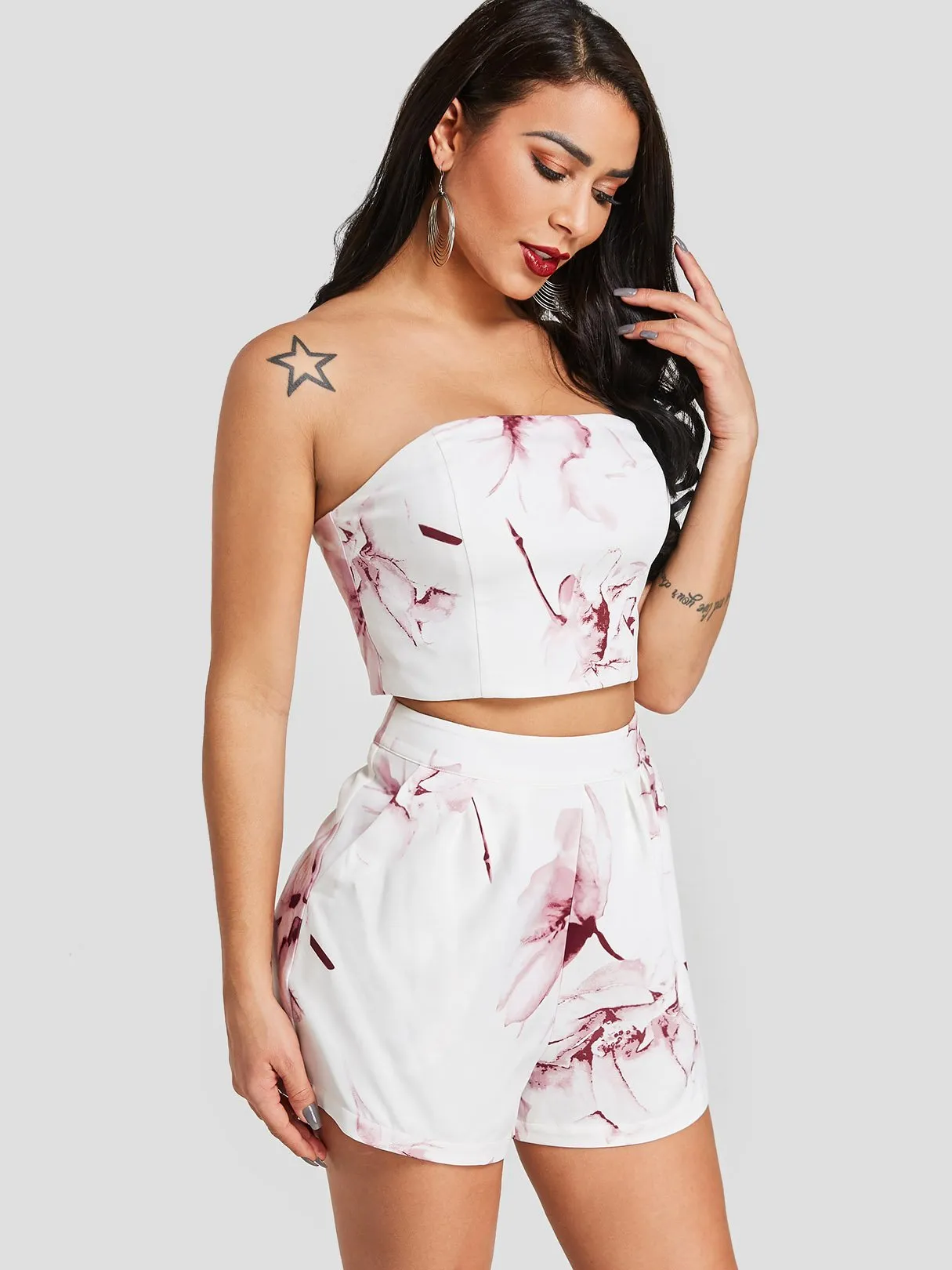 Custom Tube Top Floral Print Sleeveless White Two Piece Outfits
