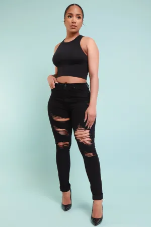 Don't Blame Me High Rise Distressed Stretchy Jeans - Black